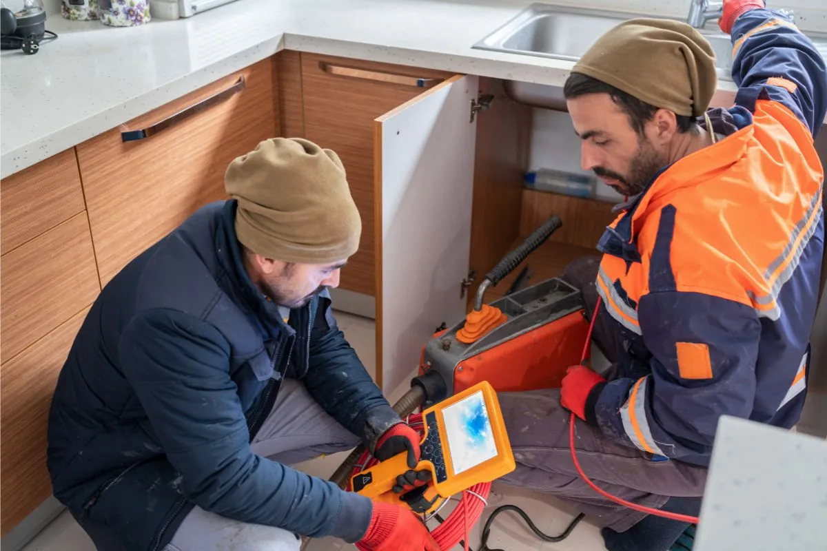 plumber inspecting kitchen sink with camera