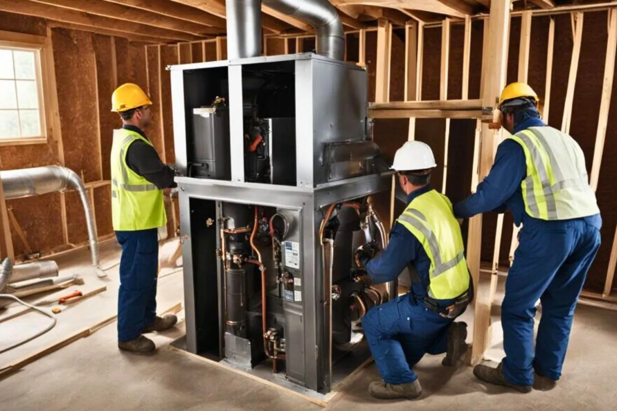 a three contractors installing new furnace