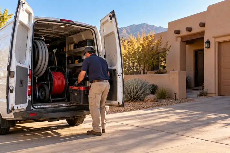 A technician unloads equipment from a service van outside a home for a scheduled dryer vent cleaning visit.