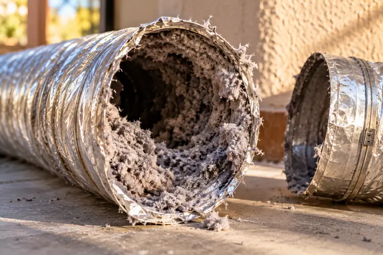 Thick lint buildup packed inside a section of dryer vent duct.