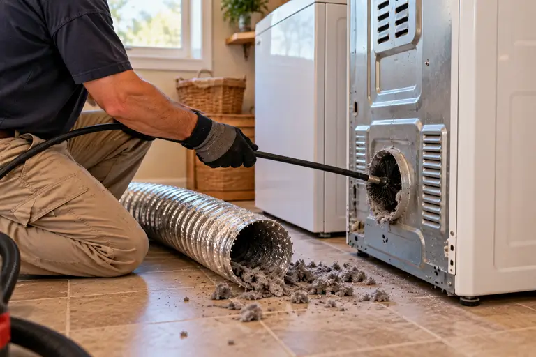 A technician runs a rotary brush cleaning tool through a dryer vent duct to clear built-up lint.