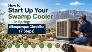 Technician starting up a rooftop swamp cooler in Albuquerque with spring mountains and a 7-step checklist graphic.