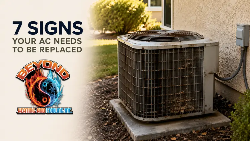 Aging outdoor air conditioning condenser unit beside a home in bright daylight, with the Beyond Heating and Cooling Inc. logo and the headline "7 Signs Your AC Needs to Be Replaced."