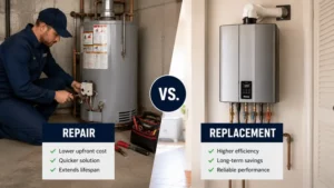 Split comparison showing a plumber repairing a traditional tank water heater beside a modern tankless water heater replacement in a home.