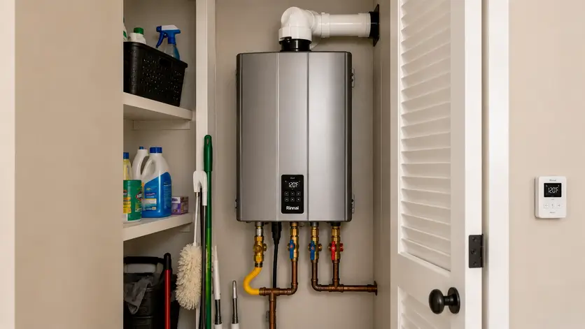 Modern tankless water heater professionally installed in a residential utility closet with neatly organized plumbing connections.