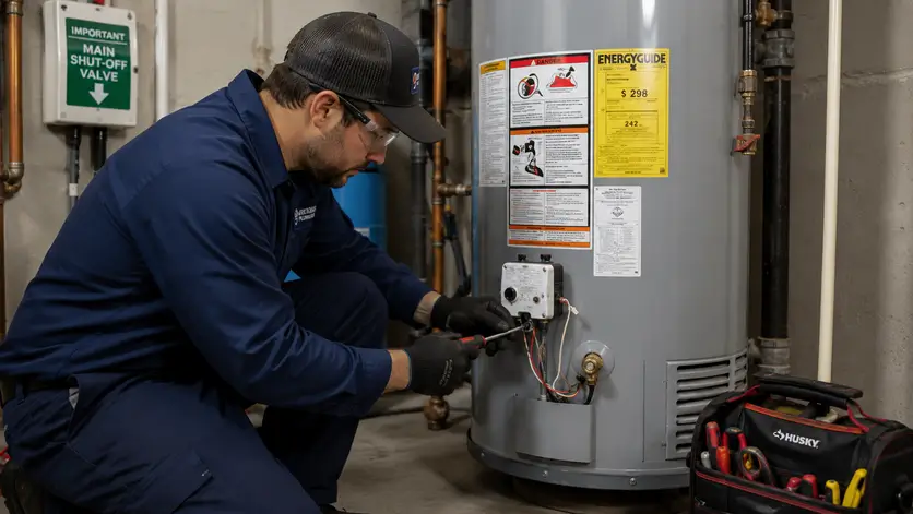 Professional plumber servicing a residential tank water heater in a clean utility room during routine maintenance and repair.