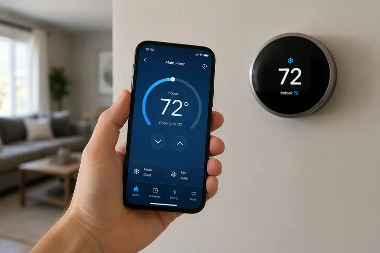 Hand holding a smartphone displaying a smart thermostat app with a modern wall-mounted thermostat visible in the background of a contemporary home.