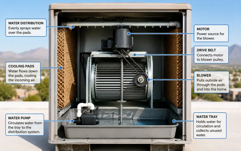 Cutaway diagram of a rooftop swamp cooler showing the cooling pads, water distribution system, water pump, water tray, motor, blower, and drive belt with labeled components.