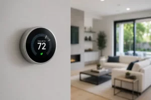 Modern smart thermostat mounted on a wall in a contemporary home with a bright living room softly blurred in the background.