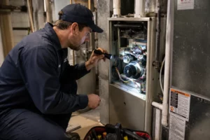 HVAC technician using a flashlight to inspect the internal components of a residential furnace during a service appointment.