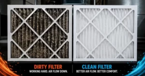 Dirty HVAC air filter beside a clean filter showing the difference in dust buildup and airflow.