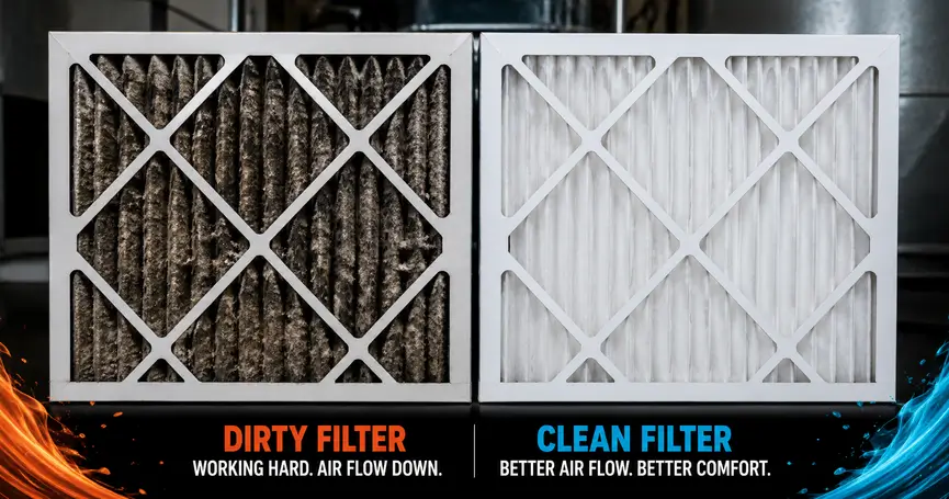 Dirty HVAC air filter beside a clean filter showing the difference in dust buildup and airflow.
