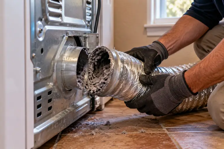 A gloved hand disconnects a dryer exhaust duct revealing built-up lint inside.