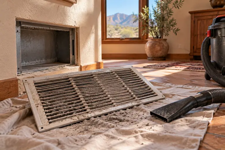 A return air grille removed from the wall shows a layer of dust and grit typical of dry desert climates.