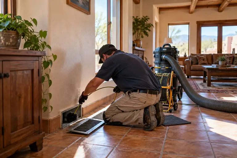 A technician cleans residential ductwork using a vacuum hose and brush attached to a floor register.