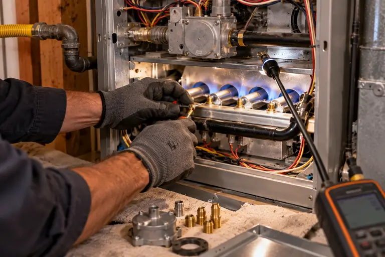 A technician adjusts burner orifices inside a furnace during a propane conversion using a combustion analyzer.