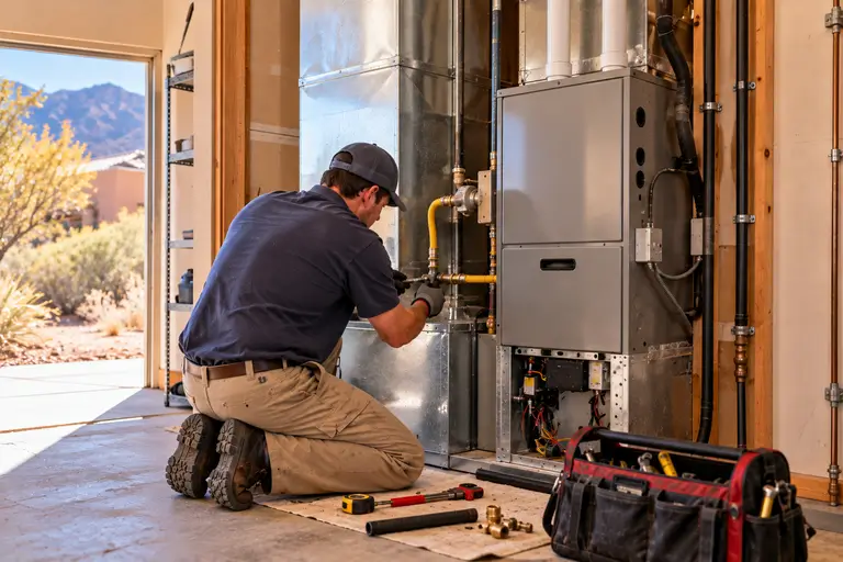 An HVAC technician installs a propane furnace and connects gas piping in a home mechanical room.