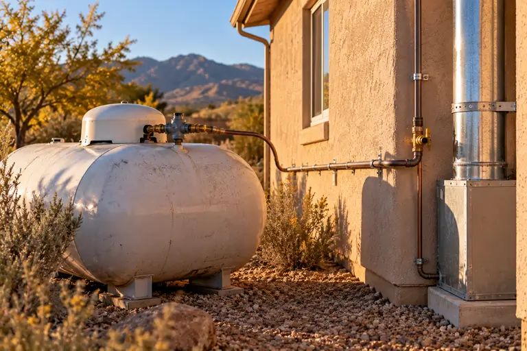 An outdoor propane tank connects via a gas line to a home's furnace venting system.