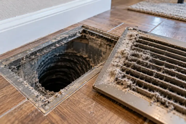 A dusty floor duct register showing visible buildup of debris around its slats before cleaning.