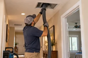 A technician connects a vacuum hose to a sealed duct register while cleaning a home's ventilation system.