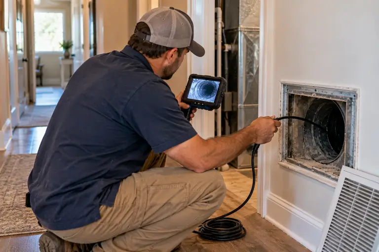A technician uses a small camera to inspect the inside of a duct before starting the cleaning process.