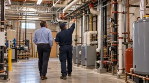 A plumber walks a building manager through a mechanical room, pointing out a section of pipe before writing up a job scope.