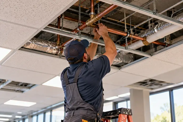 A plumber reaches into an open ceiling grid to access a pipe run in a commercial building.
