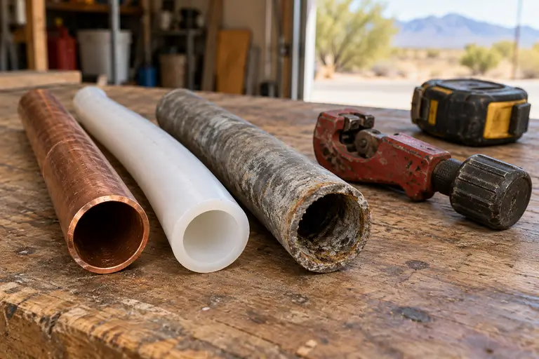 Cut sections of copper, PEX and galvanized steel pipe laid side by side for comparison.