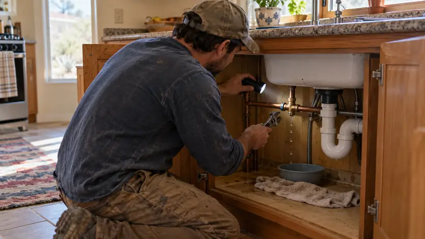 A plumber inspects a leaking pipe joint under a kitchen sink with a flashlight and wrench.