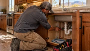 A plumber checks a shutoff valve under a kitchen sink as part of a home plumbing maintenance visit.