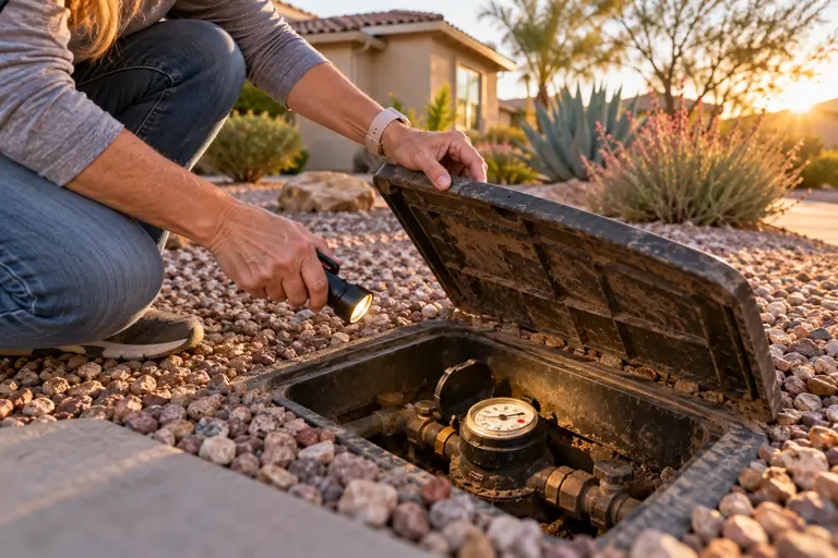 A homeowner checks the dial on an outdoor water meter to test for a hidden plumbing leak.