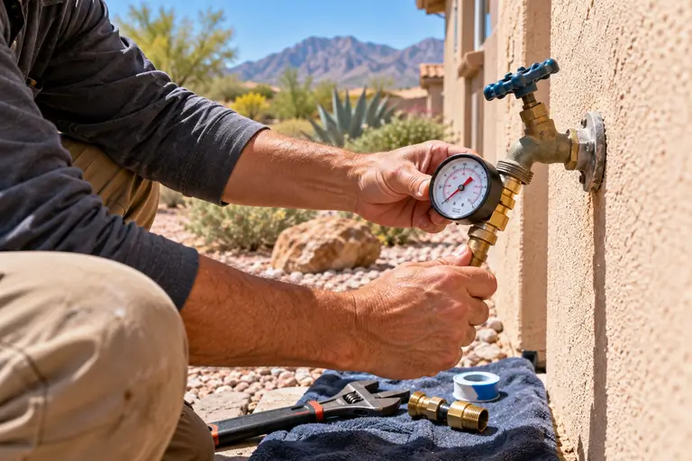 A plumber attaches a pressure gauge to an outdoor faucet to check water pressure during a maintenance visit.