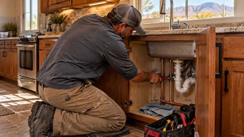 A plumber checks a shutoff valve under a kitchen sink as part of a home plumbing maintenance visit.